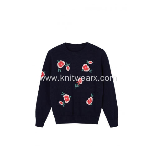 Girl's Knitted Floral Embroidery Crew-Neck Pullover